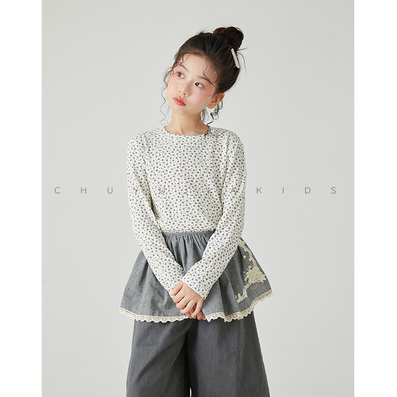 初羽家秋冬新款女童碎花长袖T恤