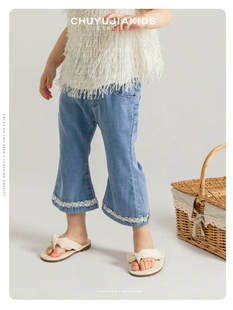 初羽家亮片软牛仔裤女童2025新款夏季薄款微喇裤七分百搭宝宝裤子