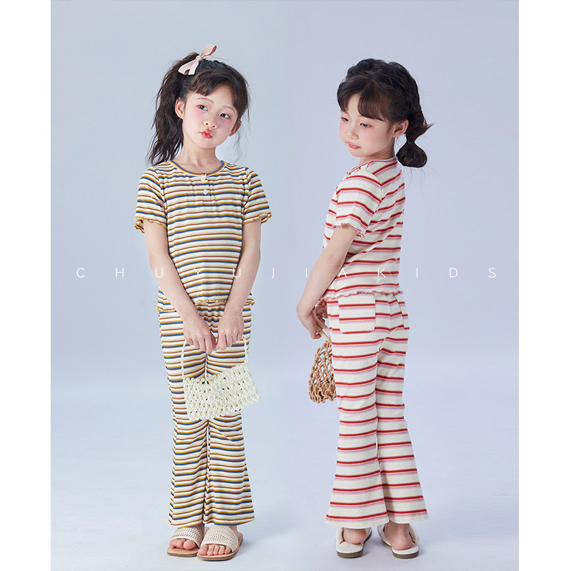 初羽家女童夏装2025新款儿童洋气条纹针织短袖套装喇叭裤两件套