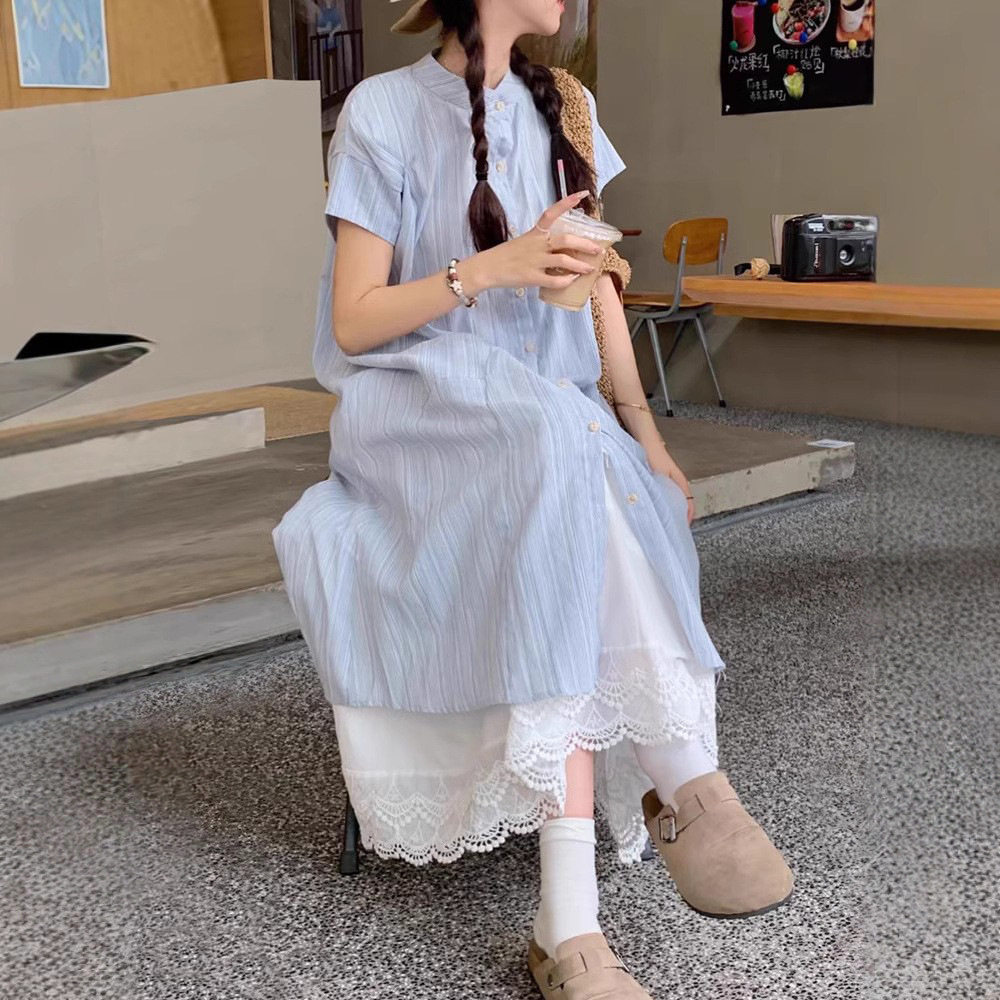 蓝色条纹短袖衬衫连衣裙女夏季2025新款韩系宽松中长款叠穿两件套