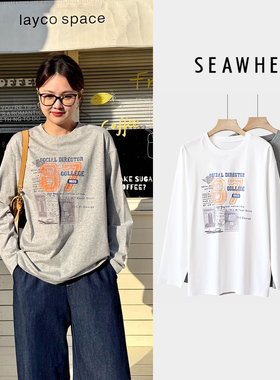 seawhen海维恩春季新品韩版复古洋气纯棉印花长袖T恤打底衫女3336