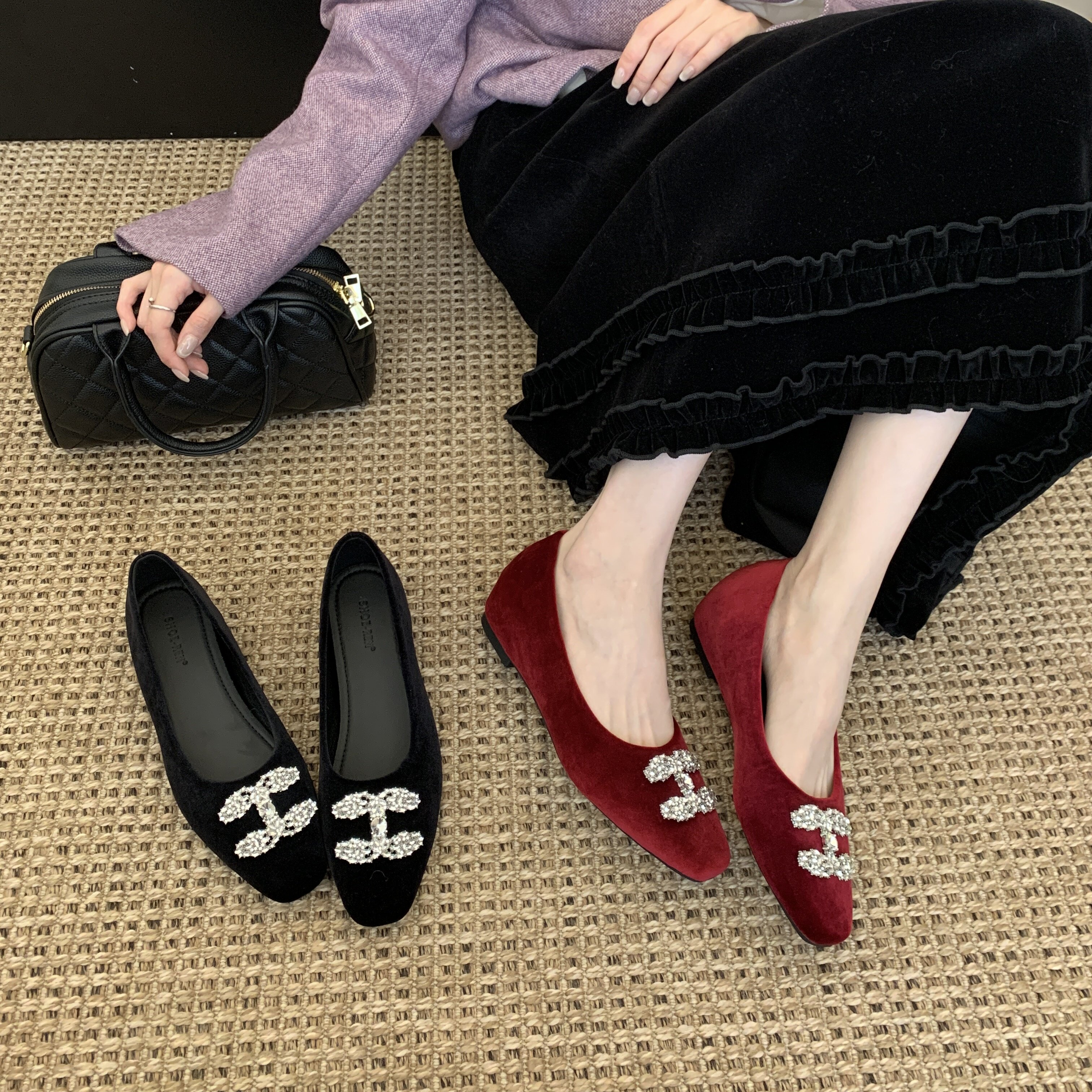 MUMU法式水钻扣内增高浅口单鞋女2025新款一脚蹬小香风毛毛鞋