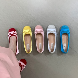 百搭气质温柔奶奶鞋 MUMU糖果色蝴蝶结芭蕾舞鞋 内增高平底浅口单鞋