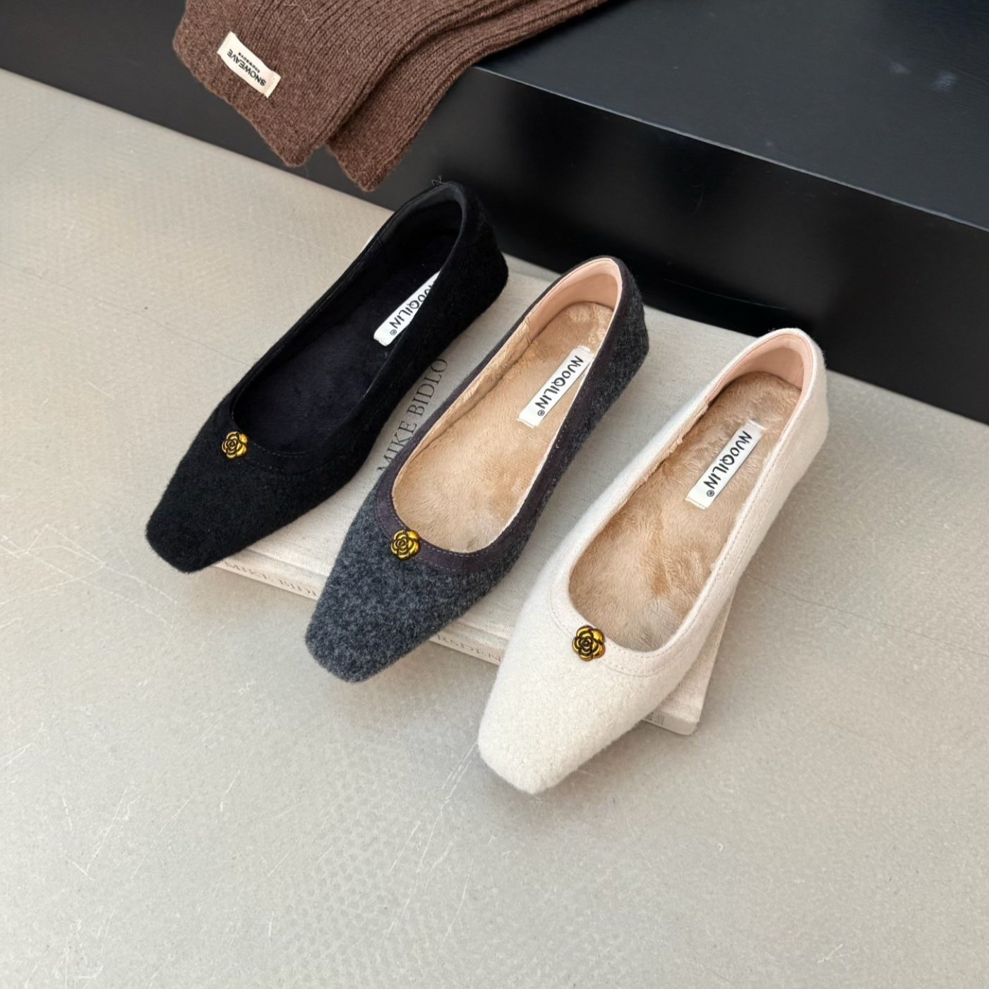 MUMU法式小香风山茶花方头加绒毛呢单鞋女简约气质低跟浅口奶奶鞋,女鞋,浅口单鞋,淘宝优惠券,粉丝福利购,淘宝优惠卷