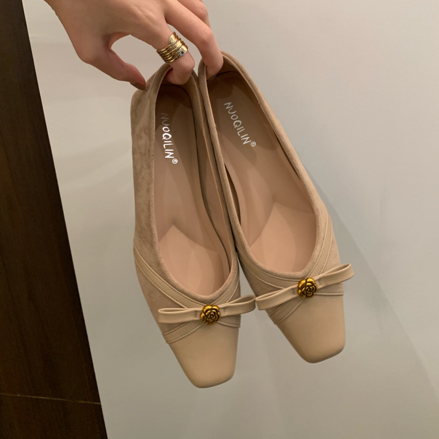 MUMU小香风山茶花蝴蝶结方头浅口单鞋通勤女鞋复古百搭低跟奶奶鞋