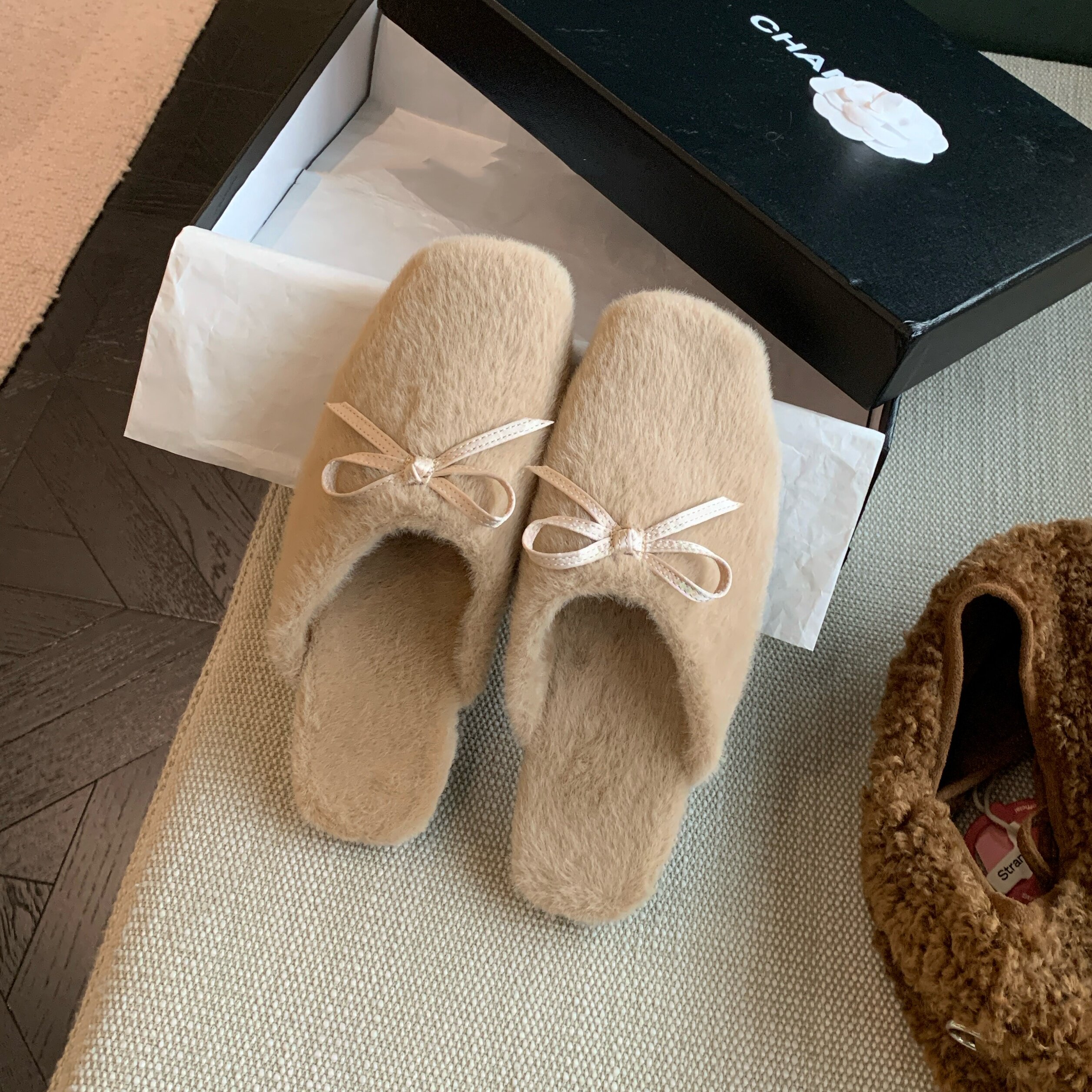 MUMU蝴蝶结毛毛鞋女包头拖鞋外穿懒人一脚蹬保暖防滑半拖鞋