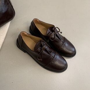 MUMU设计感英伦风复古系带小皮鞋女鞋百搭低跟圆头通勤单鞋乐福鞋