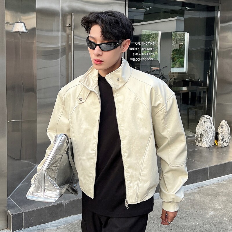 USMAO韩版垫肩立领皮衣短款夹克宽松显高pu机车服男女款休闲外套
