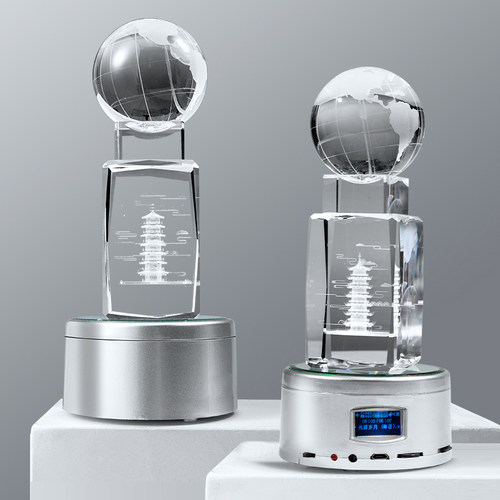 3D水晶内雕定制蓝牙发光音乐盒遥控器大楼人物纪念品生日礼物摆件