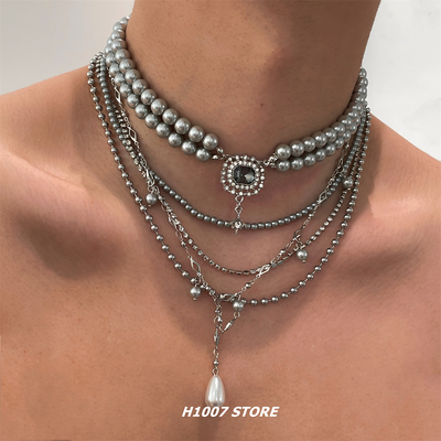银灰色珍珠锆石流苏男项链女高级感颈链小众choker多层叠戴锁骨链
