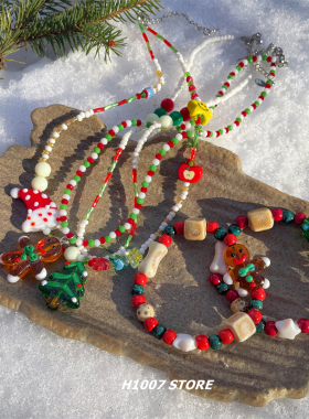 圣诞节彩色姜饼人串珠手作女项链男款圣诞树毛衣链趣味情侣款配饰