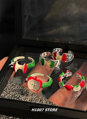 趣味可爱复古风青红苹果图案开口戒指女小众设计高级感男指环新款