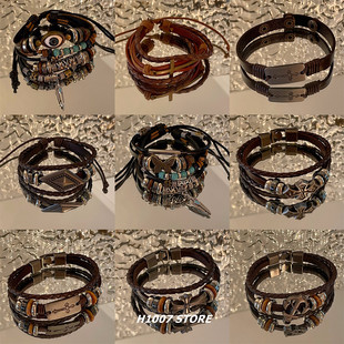 民族风皮质编织多层男款手链女生手串小众男款手绳情侣款手腕饰品