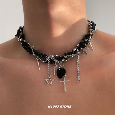 黑色多层缠绕十字架choker星星吊坠项链女小众设计锁骨链男款颈链