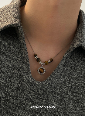设计师款虎眼石芒星串珠男项链女小众设计毛衣链复古民族风锁骨链
