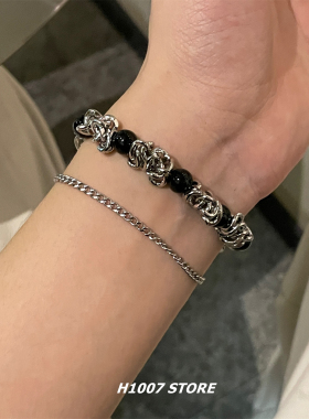 不掉色钛钢黑色串珠链条双层男手链女嘻哈小众设计高级感情侣饰品