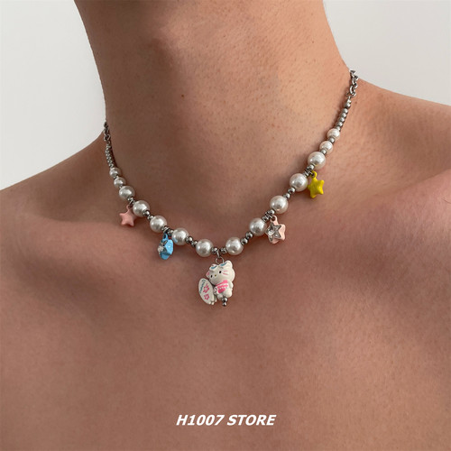 新款kt猫星星珍珠串珠男项链不掉色嘻哈风小众颈链锁骨链女毛衣链