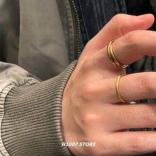 新款三色素圈钛钢男款戒指女小众设计感指环食指戒轻奢情侣款对戒