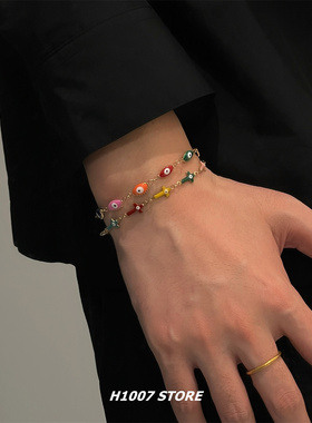 新款恶魔之眼十字架彩色眼睛男款手链小众设计感脚链女欧美嘻哈风