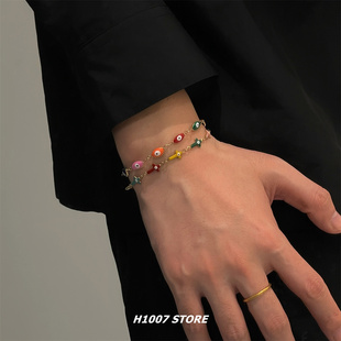 新款恶魔之眼十字架彩色眼睛男款手链小众设计感脚链女欧美嘻哈风