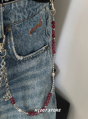 新款紫色串珠尖锥嘻哈风男裤链女小众设计感腰链牛仔裤工装裤挂链