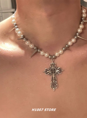 铆钉珍珠十字花朋克女项链男y2k小众不规则亚文化锁骨链嘻哈颈链