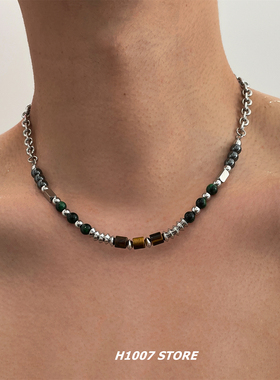 虎眼串珠钛钢链条嘻哈风项链男款小众设计感女锁骨链配饰毛衣链新