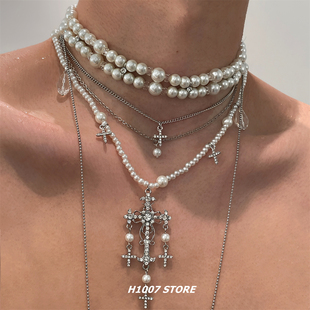 高级感珍珠水滴多层叠戴男款项链女小众轻奢颈链嘻哈choker锁骨链