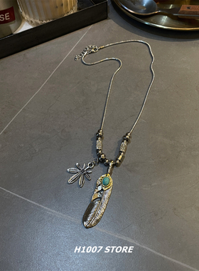 羽毛枫叶吊坠长款项链男款小众设计高级感毛衣链女锁骨链配饰新款