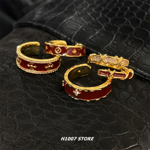 新款复古克罗老花酒红金色十字花戒指女小众设计男食指戒新款指环