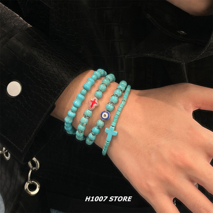嘻哈风美式十字架串珠男款手串女仿松石小众设计感情侣款手链新款