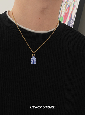 蓝色小房子嘻哈风钛钢男款项链不掉色小众感百搭款锁骨链女毛衣链