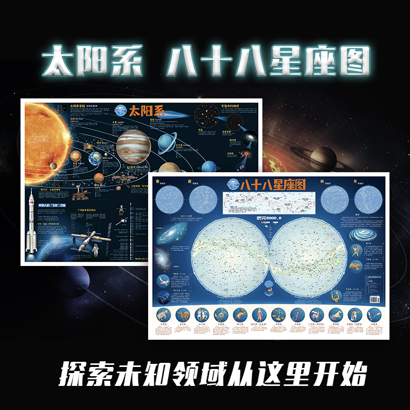 北斗地图高清覆膜防水大图2张：太阳系+八十八星座图 小学生儿童房专用挂图背景墙大尺寸八大行星 儿童百科启蒙装饰贴画学生地图图片