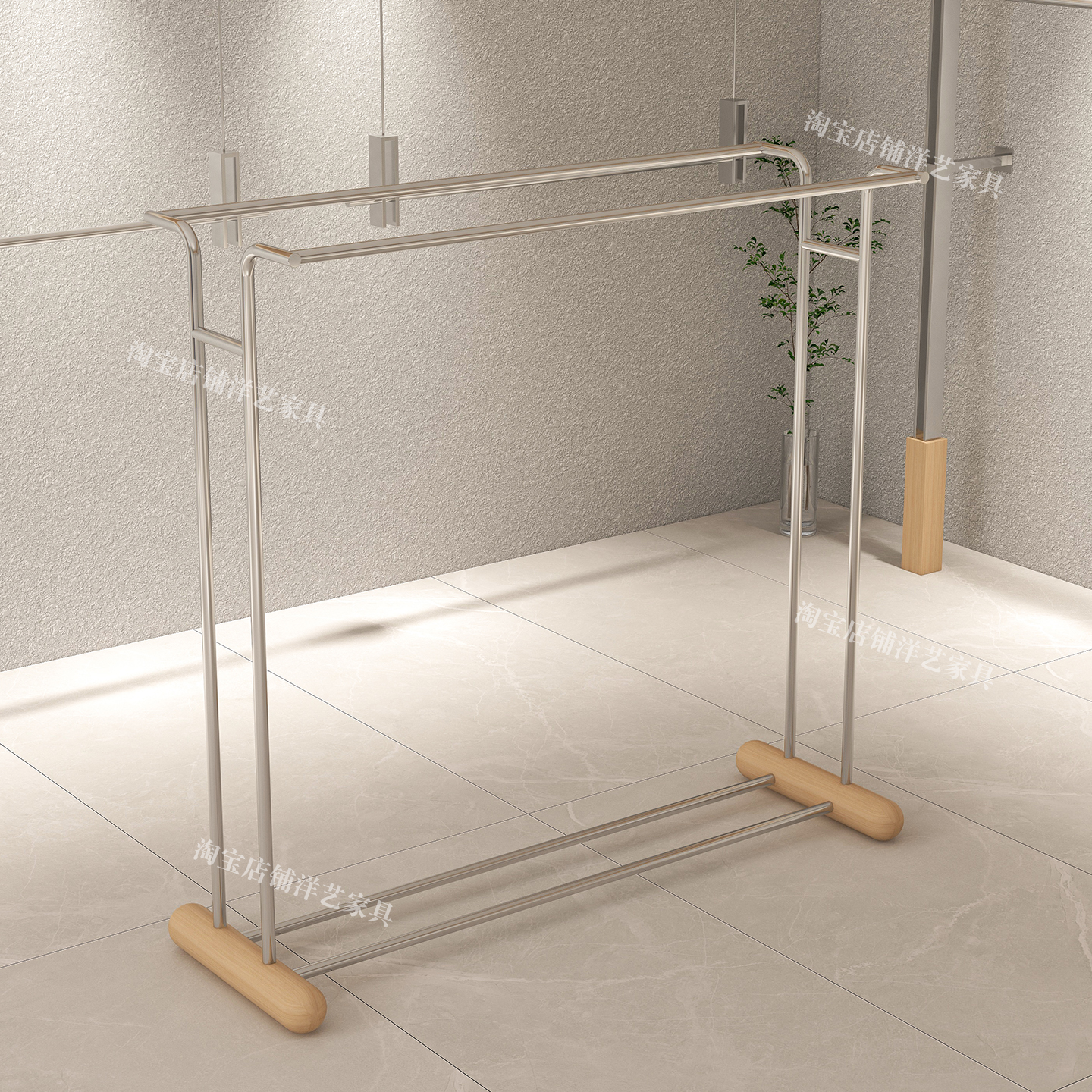 服装店展示架落地式不锈钢双杆中岛架男女装陈列货架挂衣杆原木色