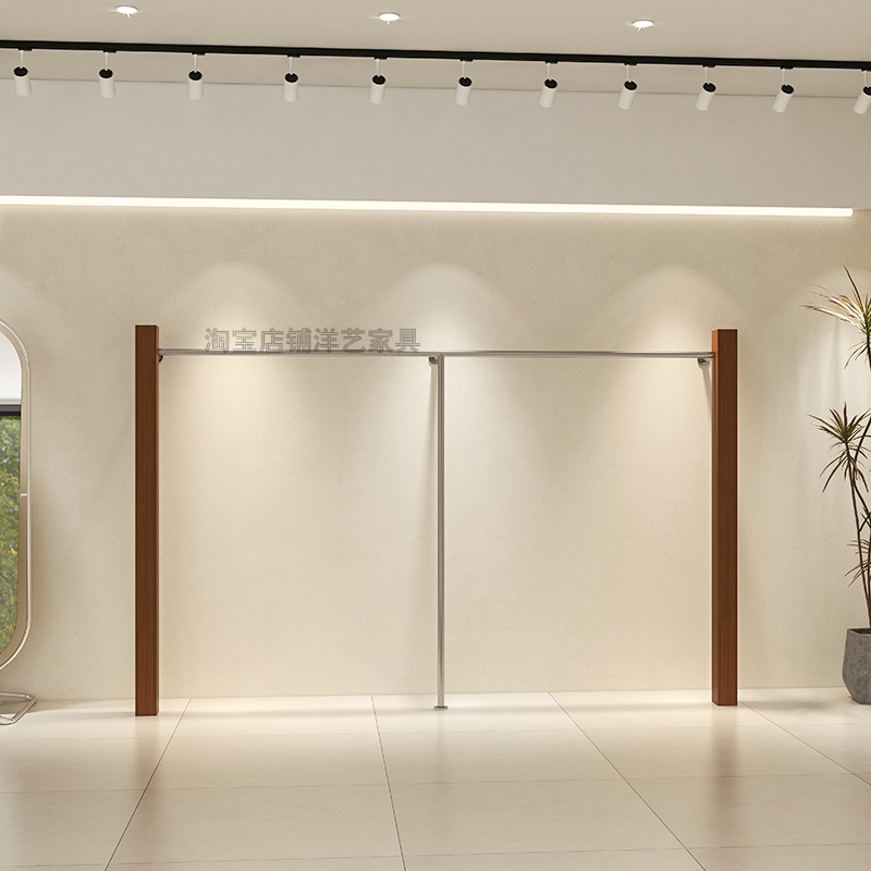 服装店不锈钢挂衣架仿胡桃木落地