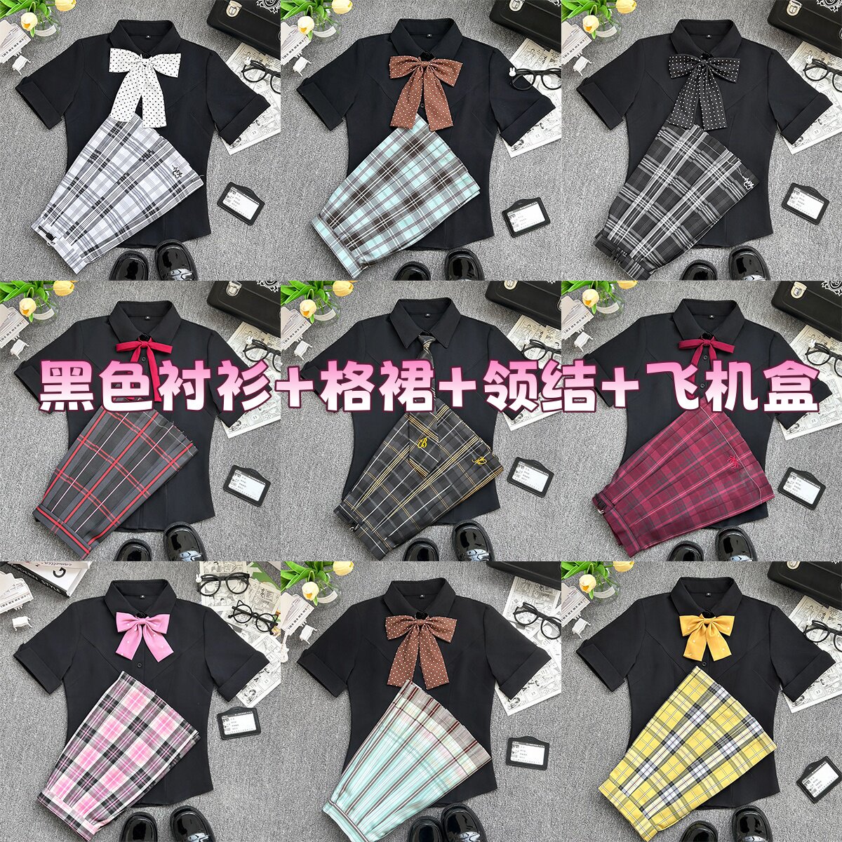 川町香JK原创黑色衬衫制服校供百搭夏季新品学院风收腰刺绣衬衫女