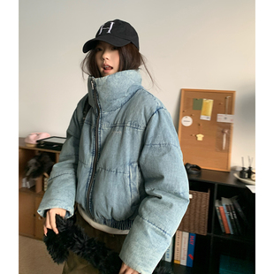 GAORAN复古风立领牛仔棉服外套女短款宽松显高毛领保暖上衣设计感