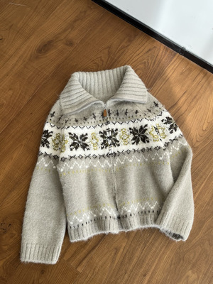 姜妍同款羊毛混纺温柔风重工提花毛衣宽松撞色拉链针织开衫外套女