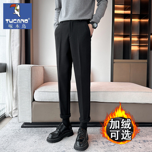 啄木鸟九分毛呢休闲西裤男秋冬季加绒加厚修身直筒高腰西装长裤子