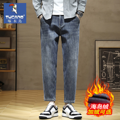 啄木鸟秋冬加绒九分牛仔裤男