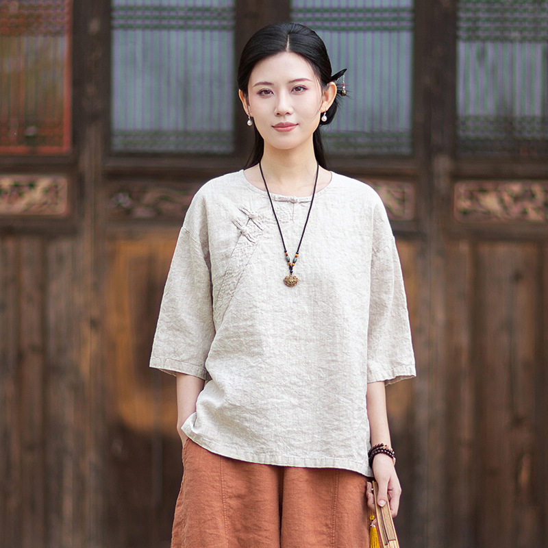 亚麻短袖新中式斜襟禅修茶服