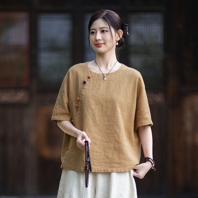 棉麻中式斜襟禅意短袖T恤女装