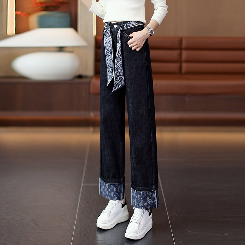 丹宁蓝卷边高腰系带阔腿牛仔裤女2026春季新款高腰显瘦九分直筒裤