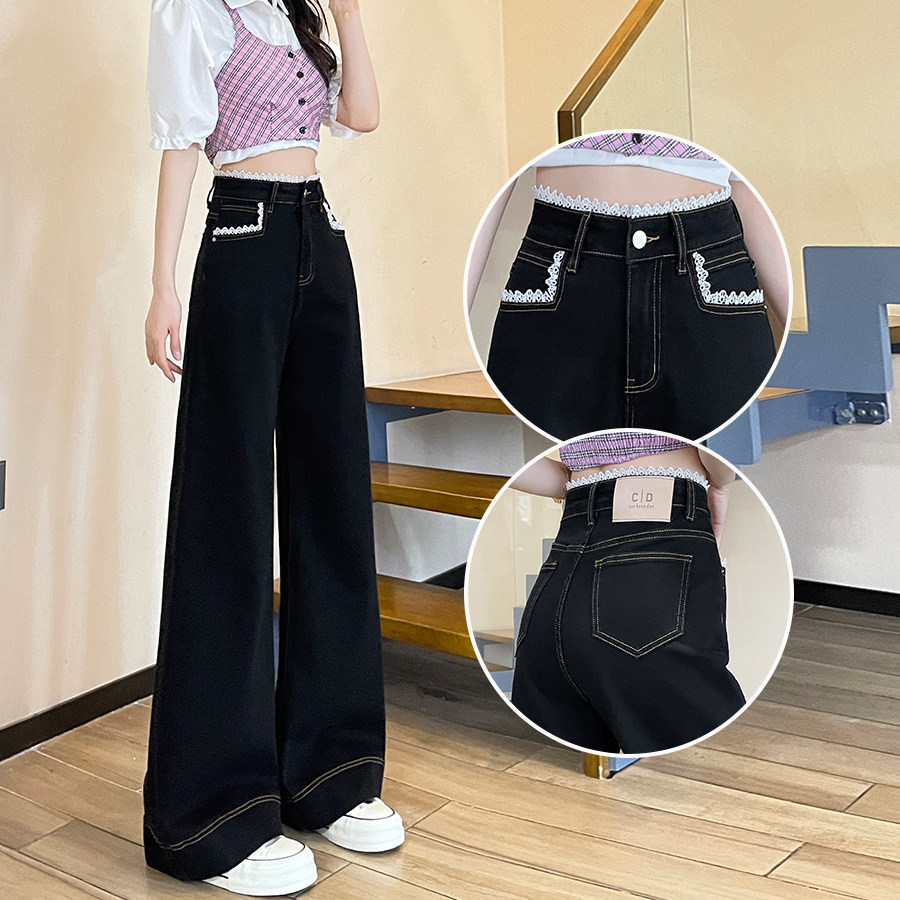 黑色喇叭大阔腿牛仔裤女2026秋冬加绒梨型高腰宽松直筒拖地裤子