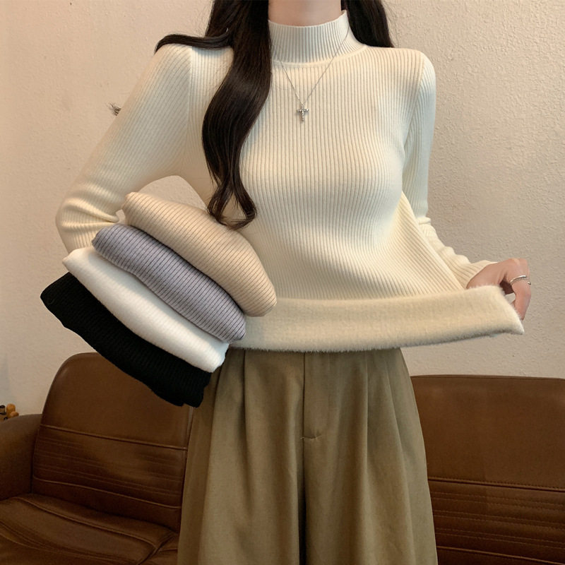 秋冬装2025新款半高领修身显瘦长袖打底针织衫上衣黑色毛衣女内搭