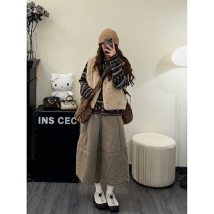 美式 街头风秋冬毛绒绒背心提花外套A字半身裙三件套装