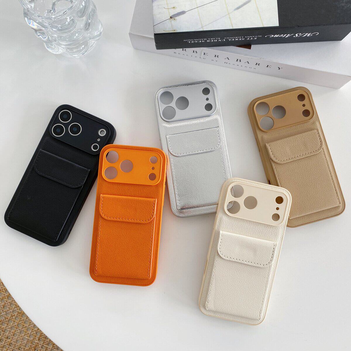 翻盖口袋插卡包荔枝纹皮质16proMax橙色17苹果15pro手