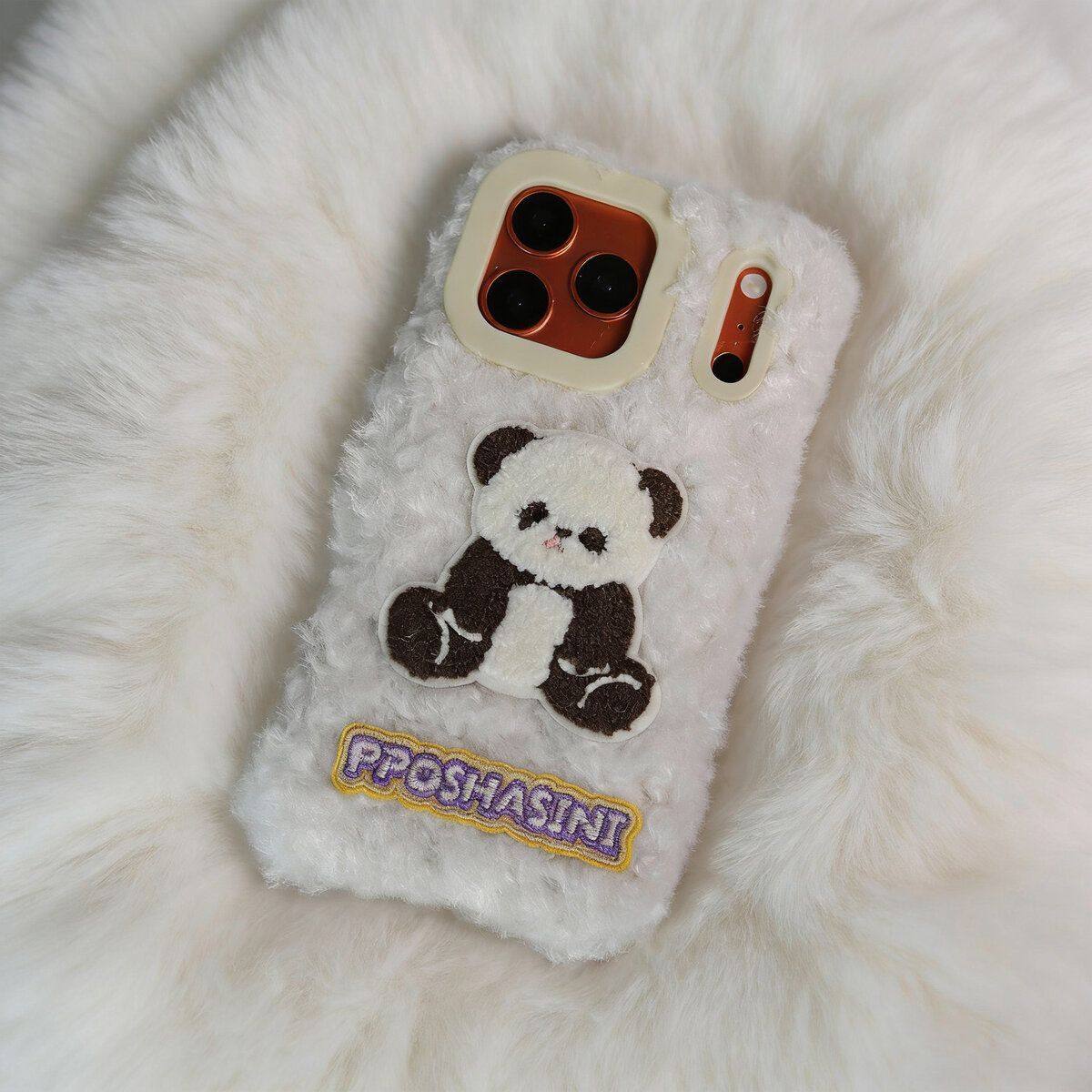 秋冬天毛绒奶白熊猫适用苹果15系列手机壳新款iphone16pr
