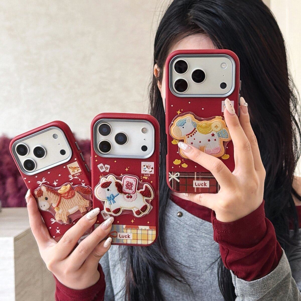 酒红萌系ins立体小马适用苹果17promax好看的手机壳iPh