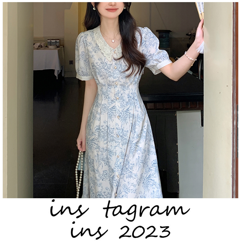 蒂凡尼早餐 法式复古连衣裙女小个子高级收腰裙子夏季